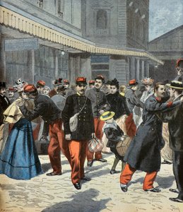 Die Rückkehr der Klasse. Nach ihrem Militärdienst treffen die Soldaten ihre Familien wieder 1897 (Gravur) von Oswaldo Tofani