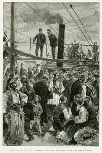 Das Schiffsdeck. Gravur von Tofani zur Illustration der Geschichte Voyage en Thessalie, 1882, von Paul Monceaux, in Le Tour du monde 1887, unter der Leitung von Edouard Charton (1807-1890), Hachette, Paris. von Oswaldo Tofani