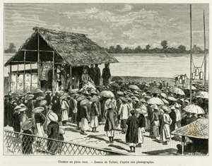 Theater im Wind. Gravur von Tofani, nach einer Fotografie, zur Illustration der Geschichte „Trente mois au Tonkin“, 1884, von Dr. Paul Hocquard, in Le Tour du monde 1890, unter der Leitung von Edouard Charton (1807-1890).