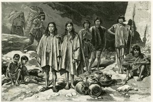 Typen von Indianern der Kordilleren von Ecuador, links im Hintergrund Yumbos von Nanegal, im Vordergrund Lojanos, in der Mitte ein Paar Zaparos, rechts Jivaros-Krieger. Gravur von Tofani, basierend auf Dokumenten, zur Illustration der Geschichte