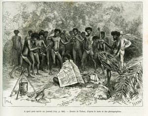 Wofür kann eine Zeitung verwendet werden? Gravur von Tofani zur Illustration der Geschichte Chez les cannibales, Voyage dans le nord-est de l
