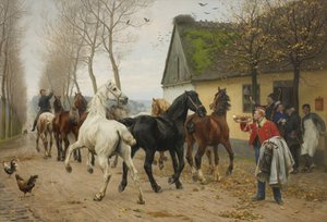 Eine Reihe von Pferden vor einem Gasthaus
