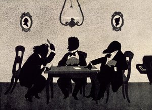 Kartenspiel zwischen Johannes Brahms (1833-1897), Richard Strauss (1864-1949) und Hans Richter (1843-1916), schwarze Silhouette von Otto Böhler (1847-1913)