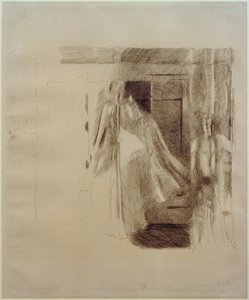 Frau und Knabe vor einem Kleiderschrank