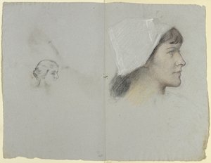 Kopf einer jungen Frau mit Haube im Profil nach rechts von Otto Scholderer