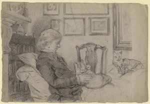 Luise Scholderer am Kamin mit vielen Katzen von Otto Scholderer