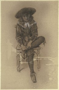 Sitzender Knabe in historischer Tracht aus der "Vorbereitung zum Kostümball" von Otto Scholderer