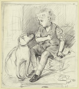 Sitzender Junge mit sitzendem Hund von Otto Scholderer