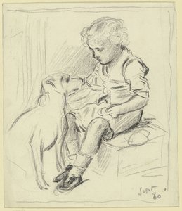 Sitzender Junge mit sitzendem Hund von Otto Scholderer