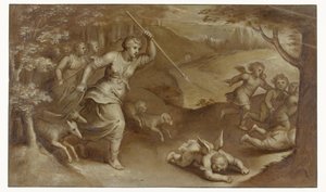 Diana vertreibt Cupido und seine Helfer, die versuchten, sie zu fangen