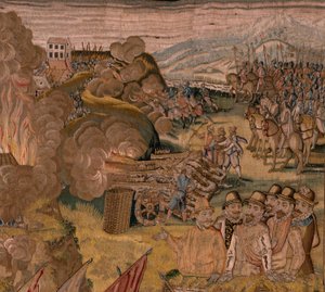 Flämischer Wandteppich. Serie Triumphe und Schlachten von Erzherzog Albrecht. Nachtangriff auf Ardres oder Eroberung der Unterstadt von Ardres. Dritter Wandteppich der Serie. Modell Otto van Veen und Hans I Snell