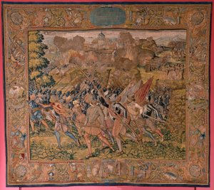 Flämischer Wandteppich. Serie Triumphe und Schlachten des Erzherzogs Albrecht. Nachtangriff auf Ardres oder Eroberung der Unterstadt von Ardres (Asalto nocturno de Ardrés o Toma de la baja villa de Ardrés). Dritter Wandteppich der Serie. Modell Otto van Ve