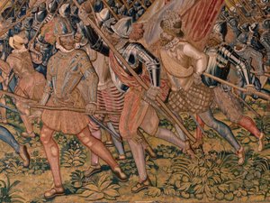 Flemischer Wandteppich. Serie Triumphe und Schlachten des Erzherzogs Albrecht. Nachtangriff auf Ardres oder Eroberung der Unterstadt von Ardres. Dritter Wandteppich in der Serie. Modell Otto van Veen und Hans I Snellinck.