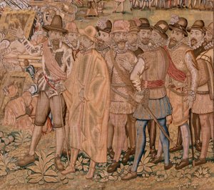 Flämischer Wandteppich. Serie Triumphe und Schlachten von Erzherzog Albrecht. Die Eroberung der Stadt Hulst. Siebter Wandteppich der Serie. Modell Otto van Veen und Hans I Snellinck. Herstellung Martin Reynbouts, Brüssel