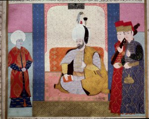 Osmanisches Reich: Sultan Murad III (1546-1595) umgeben von Höflingen. Miniatur aus „Zubdat al Tawarikh“ (Ms. 1973, fol. 59b) von Seyyd Lokman Ashuri 1583 Istanbul, Türkisch-Islamisches Kunstmuseum