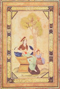 Frau sitzt mit einem jungen Mädchen in einem Garten, aus Album de pièces calligraphiées et de miniatures von Ottoman School