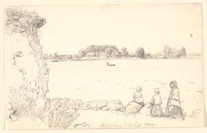 Eine Dame und zwei Kinder bei Guldborg Sund. Nykøbing Falster. von P.C. Skovgaard