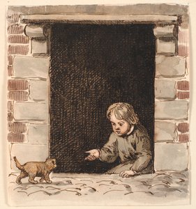 Ein Junge, der in einer Kellertür sitzt, lockt einen Welpen von P.C. Skovgaard
