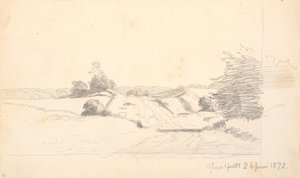 Ein Feldweg mit etwas Gebüsch im Vordergrund. Im Hintergrund ein Waldrand von P.C. Skovgaard