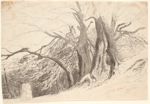 Ein Abhang mit großen Bäumen in einem Wald, mit zwei gehenden Damen von P.C. Skovgaard