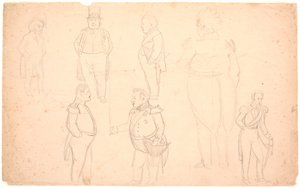 Karikatur von u.a. A.S. Ørsted, Frederik VII, Christian VIII und wahrscheinlich Frederik VI. von P.C. Skovgaard