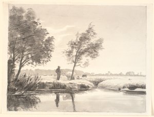 Landschaft mit Feldern, Bäumen, Kühen und einem Bauern, der sich im Vordergrund im Wasser spiegelt