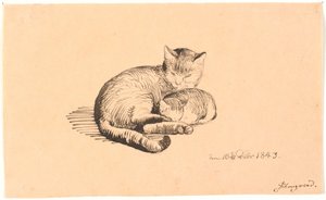 Liegende Katze mit ihrem Kätzchen von P.C. Skovgaard
