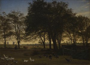 Partie bei Iselingen. Im Hintergrund die Kirche von Vordingborg und der Gänseturm. Septemberabend von P.C. Skovgaard