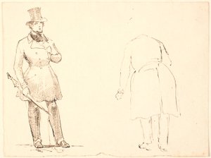 Stehender Herr mit Regenschirm und rechts sich verbeugender Herr von hinten gesehen