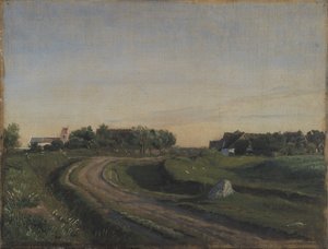 Vejby mit der Kirche von Norden gesehen. Abendlicht. Seeland von P.C. Skovgaard