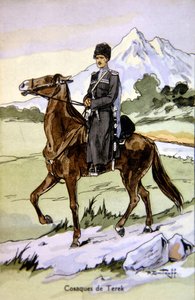 Postkarte, die einen Terek-Kosaken zeigt, ca. 1914 von P. (after) Dmitroff