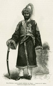 Jang Bahadur (1816-1877), Premierminister von Nepal. Gravur von P. Sellier zur Illustration der Geschichte Voyage au Nepal, von Dr. Gustave Le Bon (1841-1931), in Le tour du monde 1886, unter der Leitung von Edouard Charton (1807-1890), Hachette, Paris von P. (after) Sellier