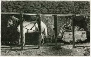 Innenansicht einer Galerie mit Berlaine. Gravur von Ferat zur Illustration der Geschichte „Belgien“ von Camille Lemonnier (1844-1913), belgischer Schriftsteller. Veröffentlicht in Le Tour du monde, nouveau journal des voyages, 2. Halbjahr 1884, herausgegeb