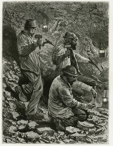 Bergleute beim Kohleabbau im Flöz. Gravur von Ferat zur Illustration der Geschichte „Belgien“ von Camille Lemonnier (1844-1913), belgischer Schriftsteller. Veröffentlicht in Le Tour du monde, nouveau journal des voyages, 2. Halbjahr 1884, herausgegeben von von P. Ferat
