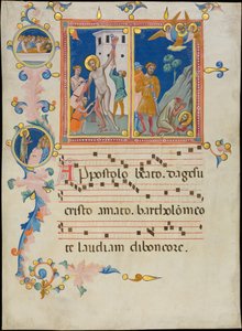 Manuskriptblatt mit dem Martyrium des Heiligen Bartholomäus, aus einem Laudario