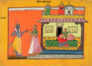 Krishna kommt im Haus von Radha an, Illustration aus einem Manuskript des Rasamanjari von Bhanudatta, Basholi-Stil, ca. 1660-70 von Pahari School