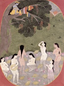 Krishna mit den Kleidern der Kuhmädchen, Tehri-Garhwal, ca. 1820-30