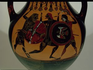 Attische schwarzfigurige Amphore, dekoriert mit einer Szene von Herakles im Löwenfell, der gegen Cycnus kämpft, ca. 540 v. Chr. (Keramik) von Painter of Berlin