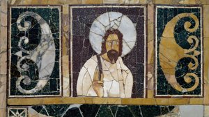 Marmorintarsie, die das Gesicht Christi darstellt, Artefakt aus Rom, Italien, frühchristliche Zeit von Paleo Christian