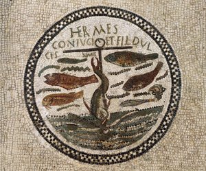 Mosaik mit Anker, umgeben von Fischen, Symbol für Christus und seine Anhänger, Katakomben von Sousse, Tunesien, frühchristliche Periode, 4. Jahrhundert von Paleo Christian