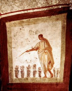 Frühchristliche Kunst: Brot- und Fischvermehrung. Fresko der Katakombe von Via Anapo in Rom. 3. und 4. Jahrhundert von Paleo Christian