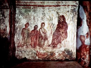 Frühchristliche Kunst: Moses wird von der Tochter des Pharao aus den Wassern des Nils gerettet. Fresko der Katakombe von Via Latina in Rom. 4. Jahrhundert von Paleo Christian