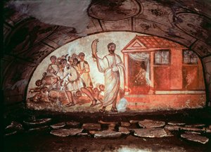Frühchristliche Kunst: Samson erschlägt die Philister mit dem Kieferknochen eines Esels. Fresko aus den Katakomben der Via Latina in Rom. 4. Jahrhundert von Paleo Christian