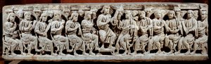 Paläochristliche Kunst: geschnitzter Sarkophag, der Christus lehrend darstellt. aus Ain von Paleo Christian