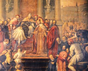 Der Papst schickt den jungen Otto zu Barbarossa, um Frieden zu verhandeln (Fresko)