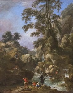 Landschaft mit Wasserfall und Figuren