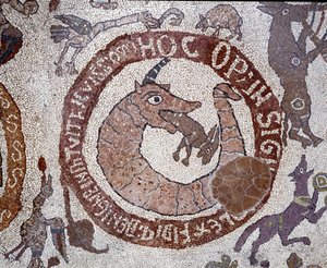 Darstellung des Leviathan in Form eines Krokodils, das Satan verkörpert und einen Hasen im Maul hält, der den Menschen darstellt. Mosaik von Pantaleone, Priester und Mosaikkünstler von Pantaleon Pantaleon