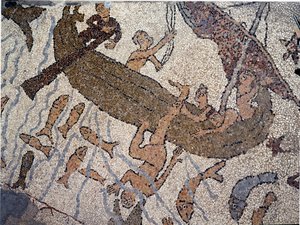 Der Prophet Jonas wird ins Meer geworfen (Detail). Mosaik von Pantaleone, Priester und Mosaikkünstler. 1163-1166. Mittelschiff der Kathedrale von Otranto (Otranto), Italien von Pantaleon Pantaleon