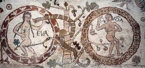 Die Versuchung von Adam und Eva. Mosaik von Pantaleone, Priester und Mosaist. 1163-1166. Zentrales Kirchenschiff der Kathedrale von Otranto (Otranto), Italien