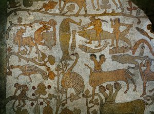 Tiere Indiens über dem Bild von Indiens Eroberer Alexander dem Großen, aus dem Mosaikboden der Kathedrale von Otranto